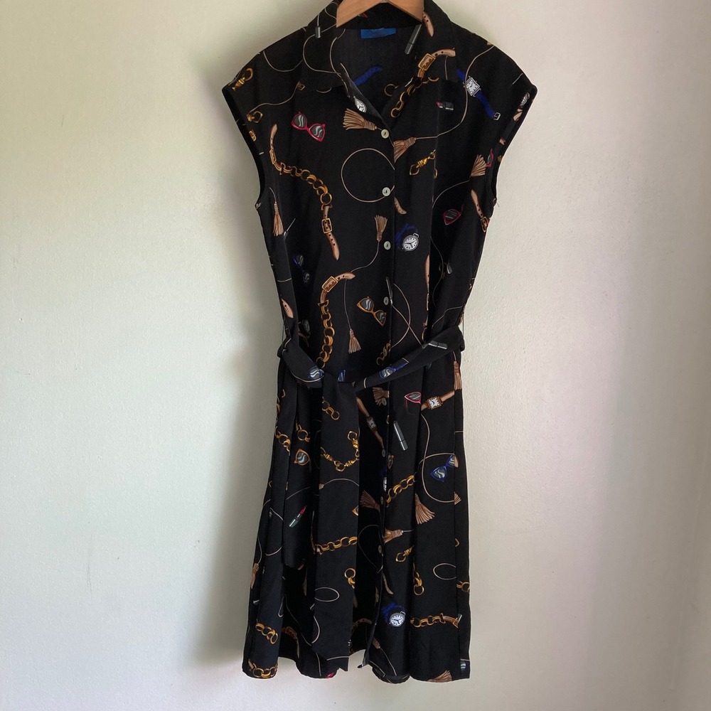 Apt 9 Womens Black Novelty Print Belted Shirt Dress Pockets Size M